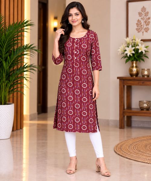 marron open kurti white leggings