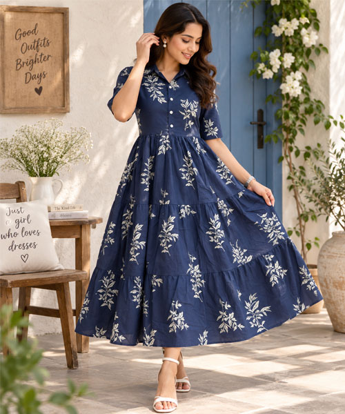 Navy Blue Floral A-Line Umbrella Dress