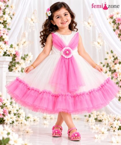 Pink & White Layered Kids Party Wear Frock