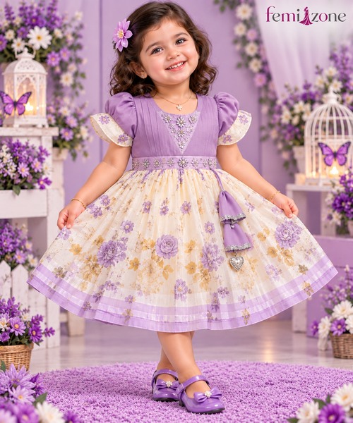 Lavender Floral Printed Kids Party Wear Frock femizone