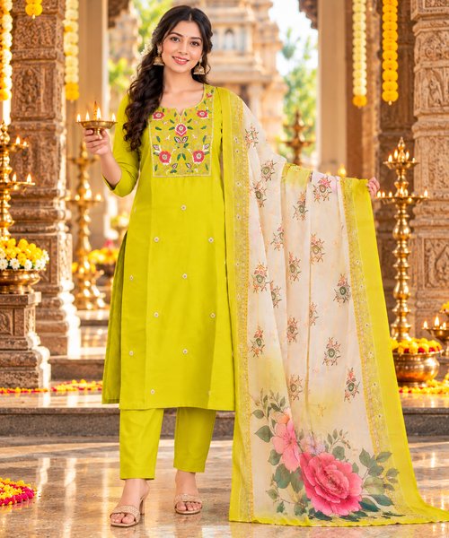 Lime Green Embroidered Kurti Set with Floral Dupatta femizone