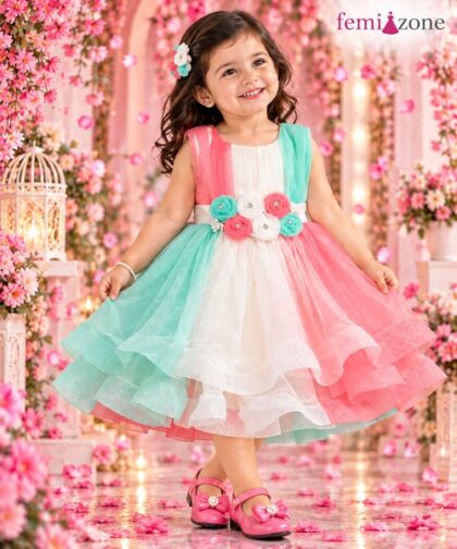 Mint Green, Pink & White Floral Kids Party Wear Frock femizone