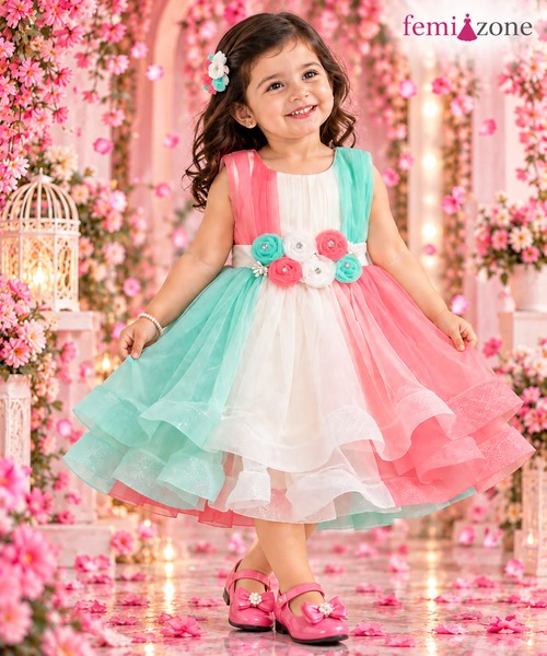 Mint Green, Pink & White Floral Kids Party Wear Frock femizone