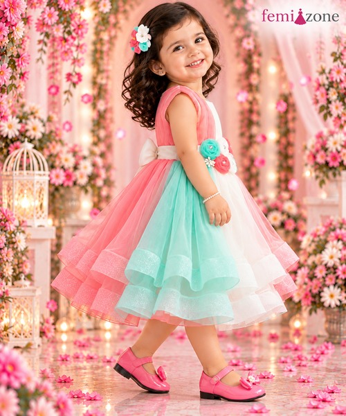 Mint Green, Pink & White Floral Kids Party Wear Frock femizone 1