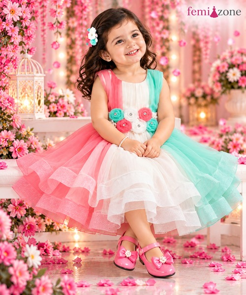 Mint Green, Pink & White Floral Kids Party Wear Frock femizone 2