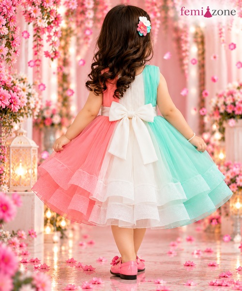 Mint Green, Pink & White Floral Kids Party Wear Frock femizone