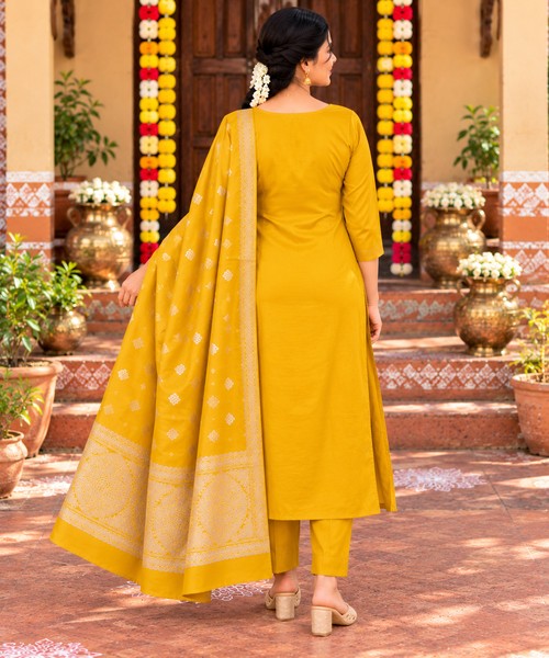 Mustard Yellow Floral Embroidered 3-Piece Set with Dupatta femizone
