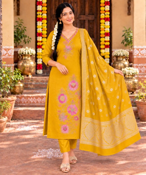 Mustard Yellow Floral Embroidered 3-Piece Set with Dupatta femizone