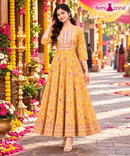 Mustard Yellow Floral Printed Flared Anarkali Kurti femizone