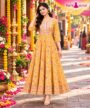 Mustard Yellow Floral Printed Flared Anarkali Kurti femizone