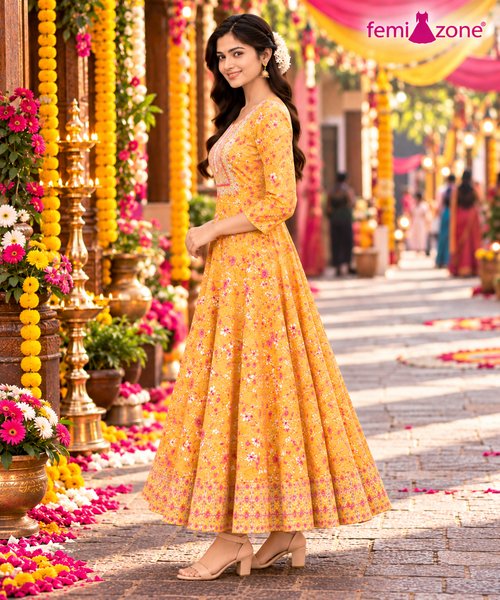 Mustard Yellow Floral Printed Flared Anarkali Kurti femizone 2