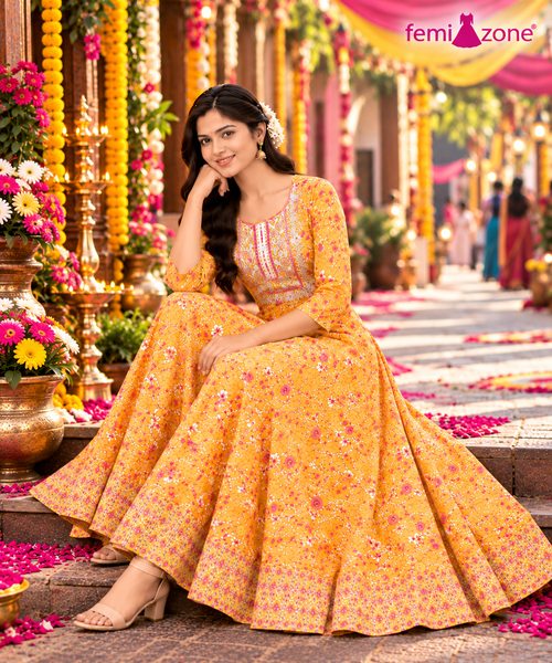 Mustard Yellow Floral Printed Flared Anarkali Kurti femizone 3