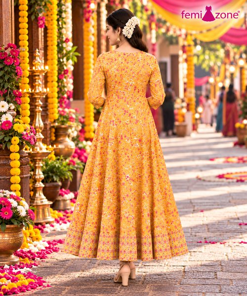 Mustard Yellow Floral Printed Flared Anarkali Kurti femizone