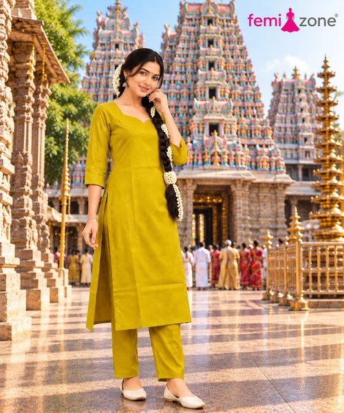 Mustard Yellow Plain Kurti & Pant Set femizone