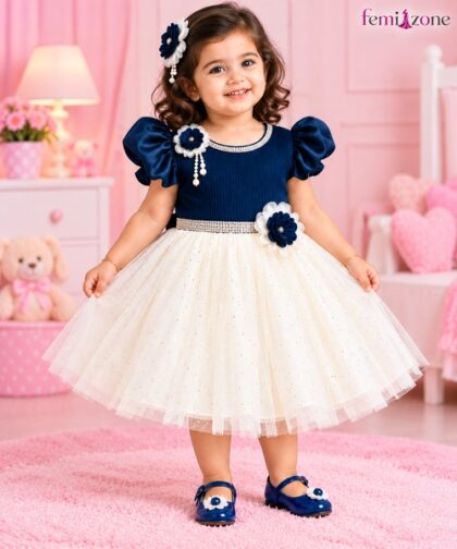 Navy Blue & White Floral Kids Party Wear Frock femizone