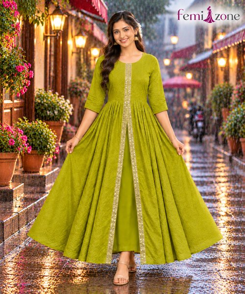 Olive Green Embroidered Flared Anarkali Kurti femizone