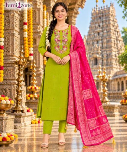 Olive Green Embroidered Kurta Pant Set with Pink Dupatta femizone