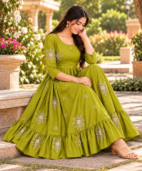 Olive Green Floral Embroidered Flared Anarkali Kurti 1