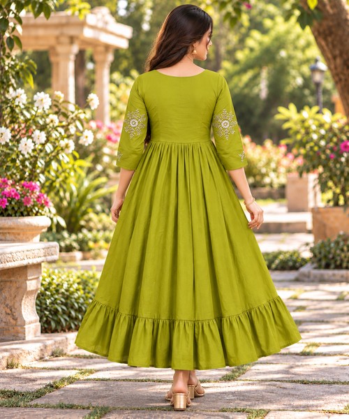 Olive Green Floral Embroidered Flared Anarkali Kurti 2