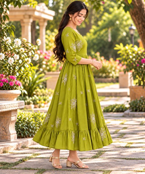 Olive Green Floral Embroidered Flared Anarkali Kurti 3