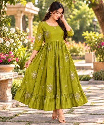 Olive Green Floral Embroidered Flared Anarkali Kurti_femizone