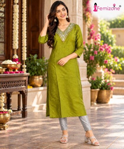 Olive Green Stone Work Kurti_femizone