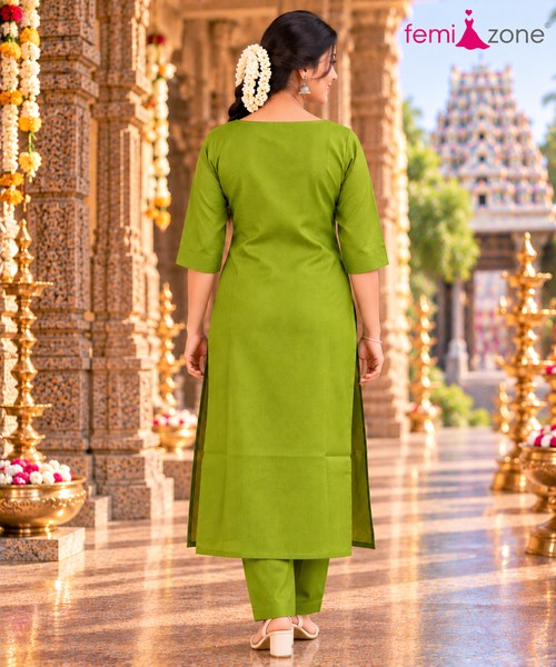 Olive Green V-Neck Kurti & Pant Set femizone 1