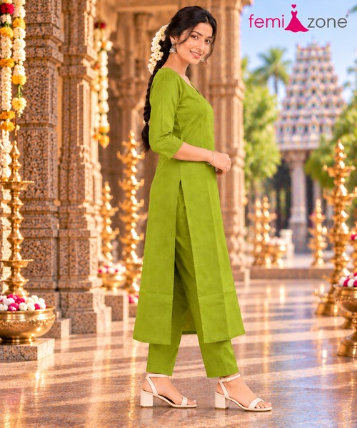 Olive Green V-Neck Kurti & Pant Set femizone 2