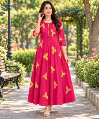 Pink Butterfly Embroidered Anarkali Kurti femizone