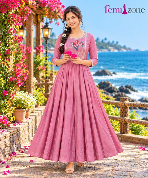 Pink Embroidered Flared Anarkali Gown Kurti femizone