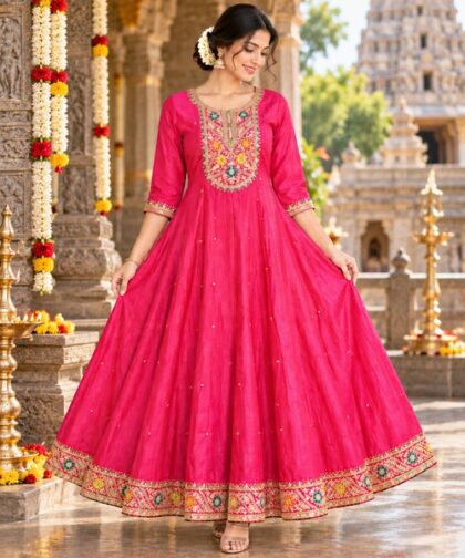 Pink Full Stone Work Embroidered Anarkali femizone