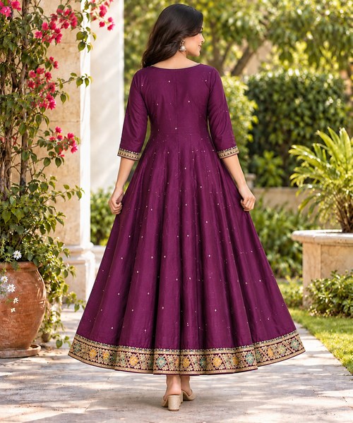 Plum Full Stone Work Embroidered Anarkali Kurti femizone 1