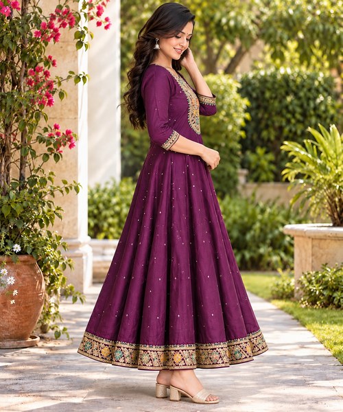 Plum Full Stone Work Embroidered Anarkali Kurti femizone 2