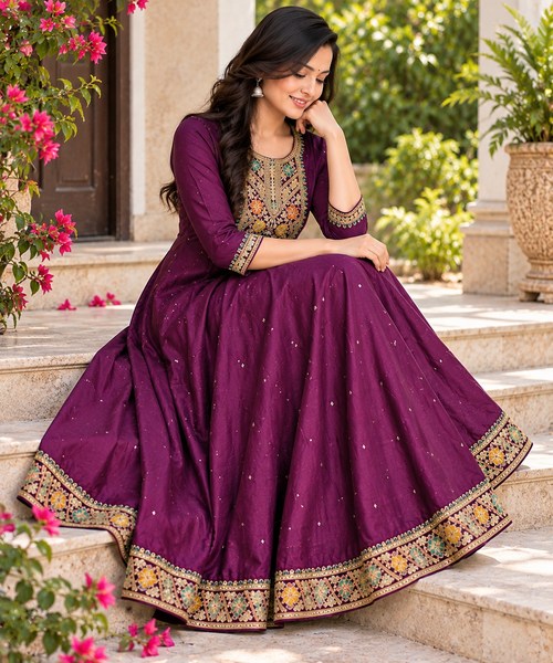 Plum Full Stone Work Embroidered Anarkali Kurti femizone 3