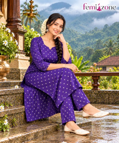 Purple Printed V-Neck 2Pc Co-Ord Set femizone 2
