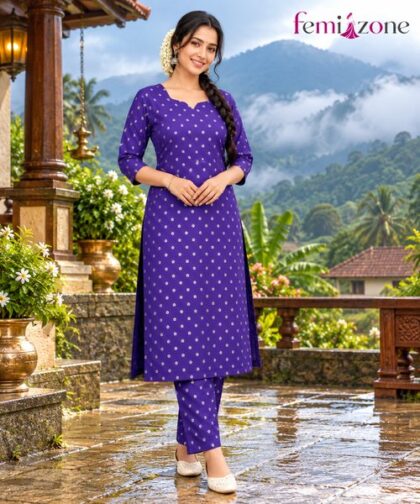 Purple Printed V-Neck 2Pc Co-Ord Set femizone