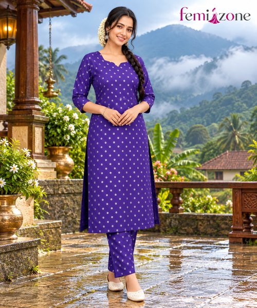 Purple Printed V-Neck 2Pc Co-Ord Set femizone