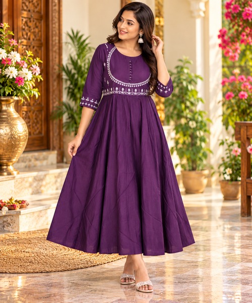 Royal Purple Embroidered Flared Anarkali Kurti_femizone