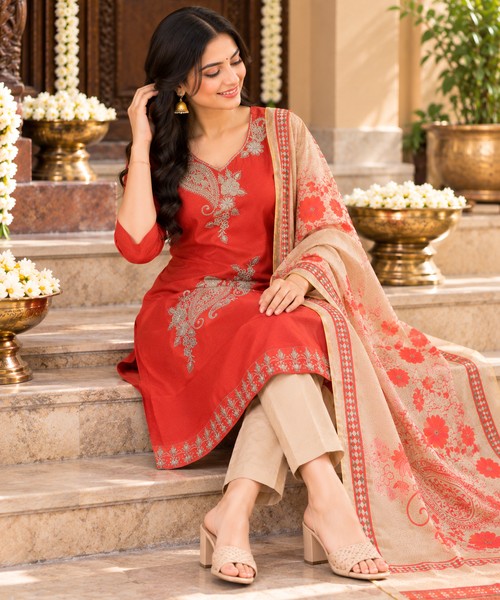 Rust Orange Embroidered 3-Piece Kurta Set with Dupatta femizone 1