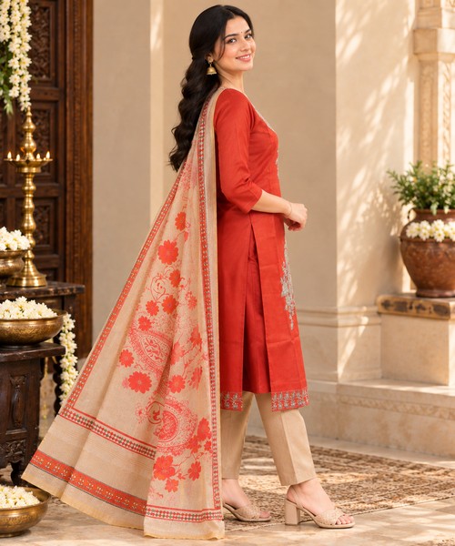 Rust Orange Embroidered 3-Piece Kurta Set with Dupatta femizone 2