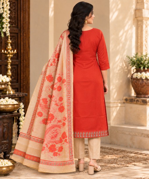 Rust Orange Embroidered 3-Piece Kurta Set with Dupatta femizone 3