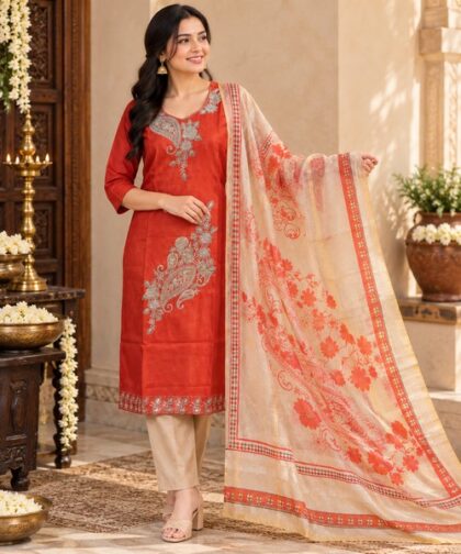 Rust Orange Embroidered 3-Piece Kurta Set with Dupatta femizone