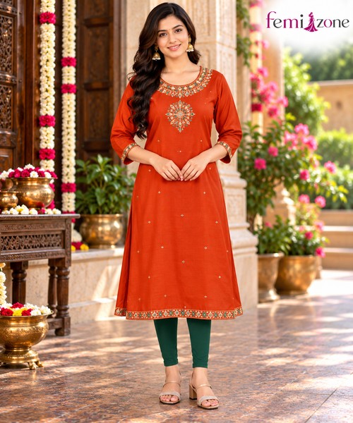 Rust Orange Embroidered Designer Side Open Kurti femizone
