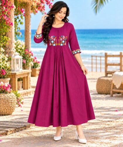 Shiny Mal Chanderi Wine Floral Embroidered Flared Kurti_femizone