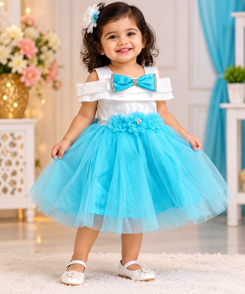 Sky Blue & White Bow Design Kids Party Wear Frock femizone
