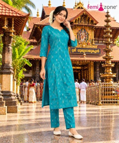Teal Blue Ethnic Printed Kurti Pant Set