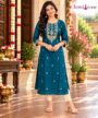 Teal Blue Glossy Roman Silk Embroidered Side Open Kurti femizone