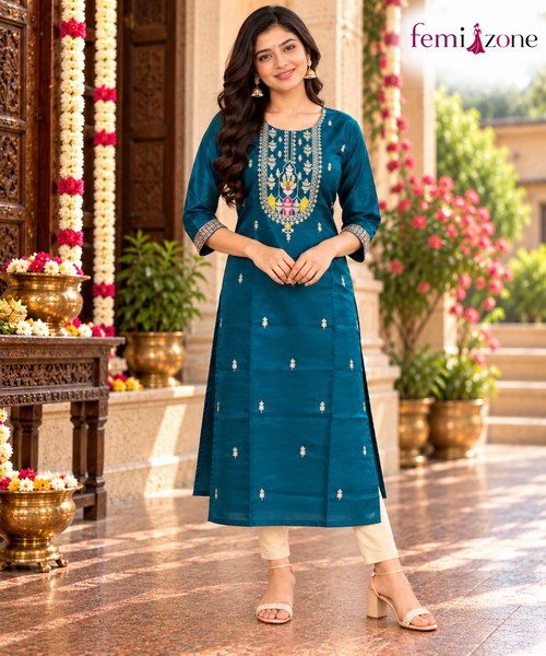 Teal Blue Glossy Roman Silk Embroidered Side Open Kurti femizone