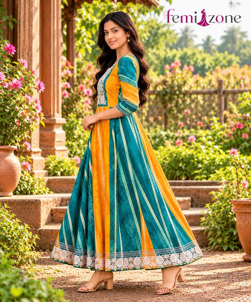 Teal Blue & Mustard Yellow Printed Flared Anarkali Kurti femizone 1