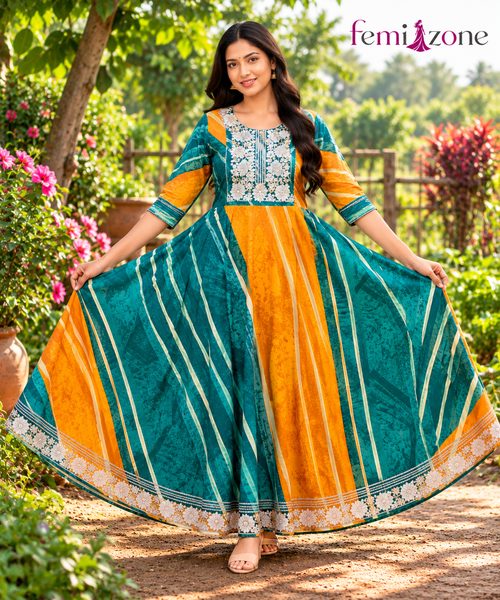 Teal Blue & Mustard Yellow Printed Flared Anarkali Kurti femizone